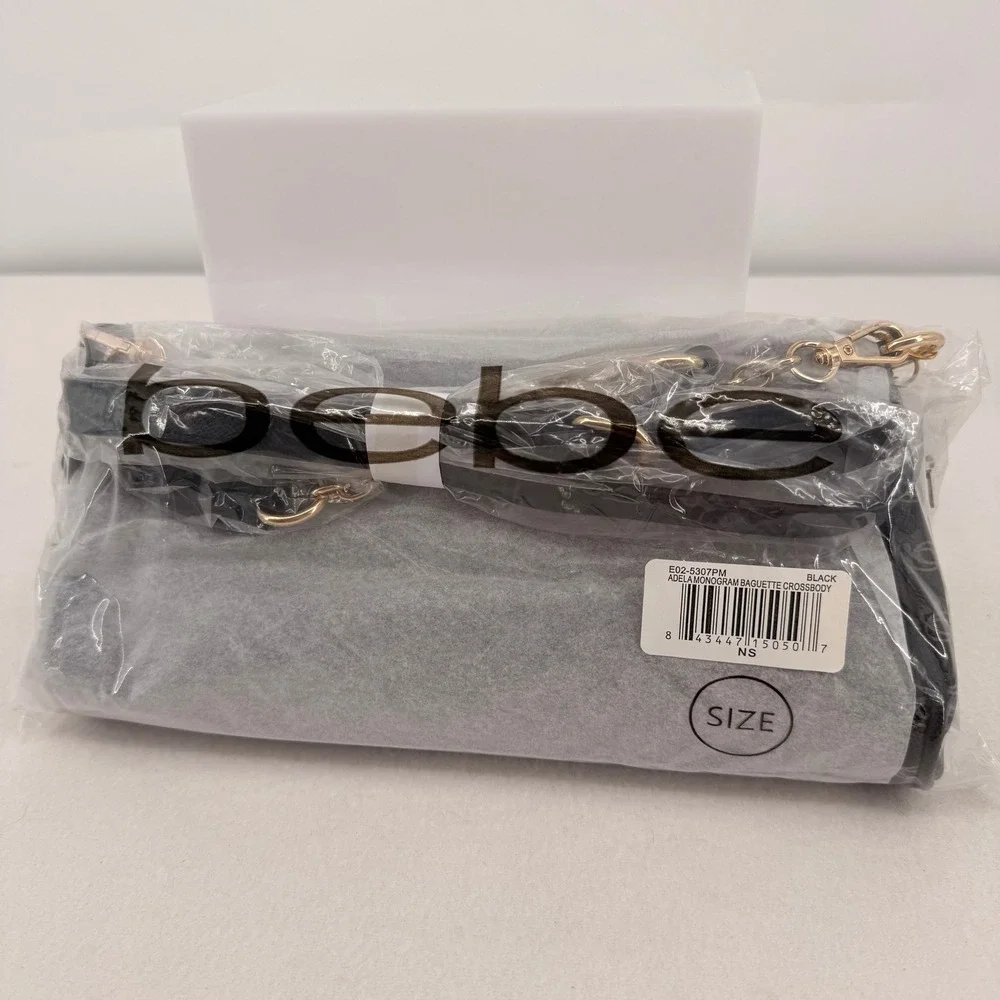 Bebe Adela Monogram Baguette Crossbody Bag Black Logo Print E02-5307PM NEW